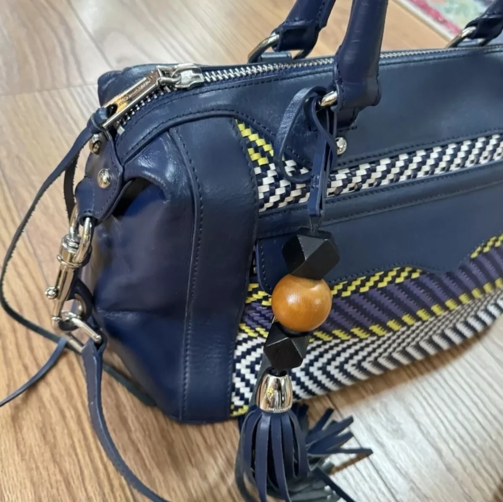 REBECCA MINKOFF MAB MINI BLUE PURPLE STRIPE WEAVE LEATHER LG SATCHEL BAG